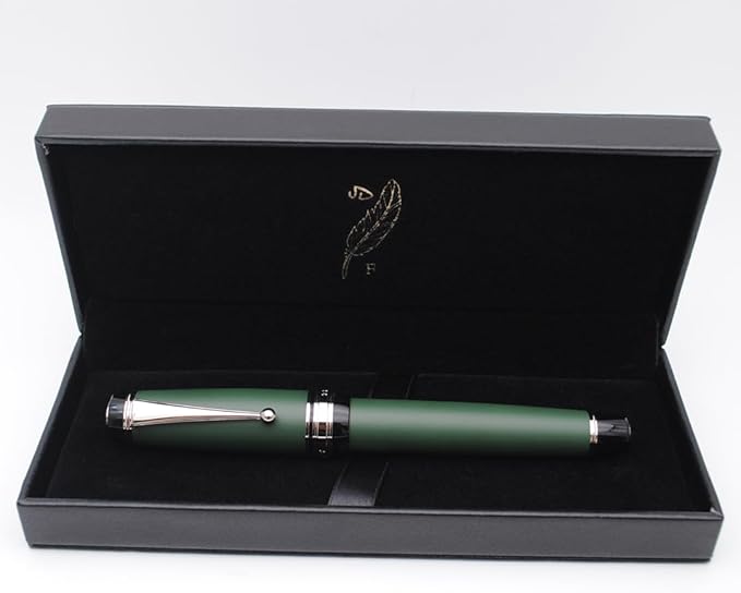 Metal Big Fountain Pen Set Medium Nib 0.7mm, Includes Ink Refill Converter, 5 Ink Cartridges & Gift Box (Medium Nib 0.7mm, Matte Green with Silvery Clip)-DeskLoop Office