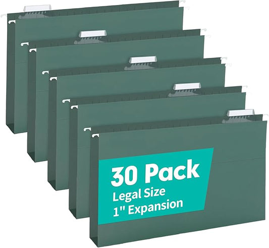 HERKKA Extra Capacity Hanging File Folders, 30 Pack Reinforced Legal Size Hanging Folders with Heavy Duty 1 Inch Expansion, Designed for Bulky Files, Medical Charts, Green-DeskLoop Office