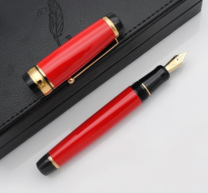 Metal Big Fountain Pen Set Medium Nib 0.7mm, Includes Ink Refill Converter, 5 Ink Cartridges & Gift Box (Medium Nib 0.7mm, Red)-DeskLoop Office