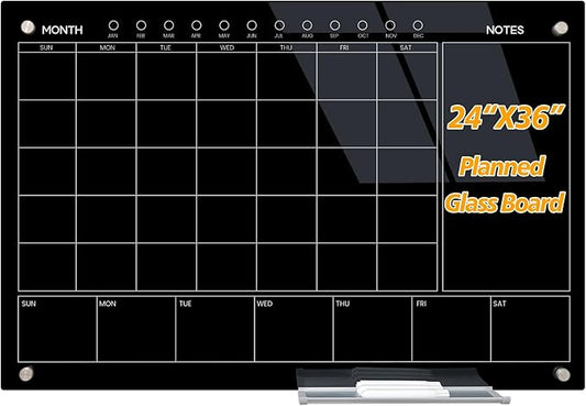 Magnetic Glass Whiteboard 36X24 Monthly Planner Calendar Dry Erase Board for Home, School, Office, Frameless, with Markers, Marker Tray, Eraser, Magnets (Black)-DeskLoop Office