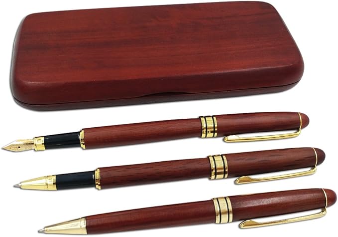3 Pcs Wooden Pens Set with Gift Case/Best Writing Fountain Fancy Ballpoint Pen and Luxury Gel Pen with Ink Refills, Promotional Business Designer Pens-DeskLoop Office