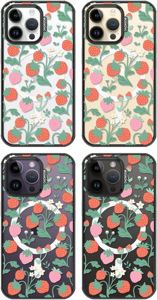 MOSNOVO Magnetic Case for iPhone 14 Pro Max, 10ft Military-Grade Protection, Compatible with Magsafe, Shockproof Phone Case for iPhone 14 Pro Max - Strawberry Garden - Clear Black-DeskLoop Office