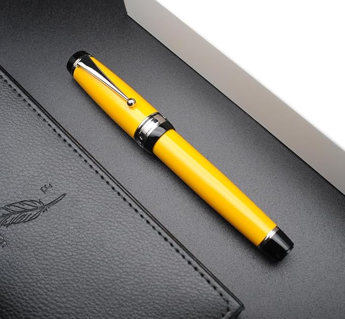 Metal Big Fountain Pen Set Medium Nib 0.7mm, Includes Ink Refill Converter, 5 Ink Cartridges & Gift Box (Medium Nib 0.7mm, Yellow with Silvery Clip)-DeskLoop Office