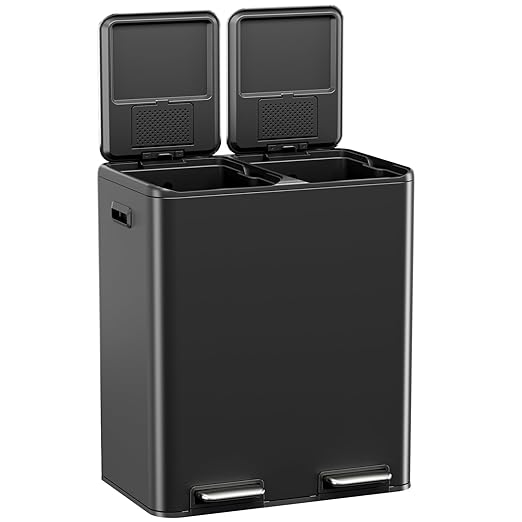 TLSUNNY Kitchen Dual Trash Can, 60L Hands-Free Stainless Steel Garbage Can, Classified Rubbish Bin with Double Compartments, Soft-Close Lid, Inner Bucket, Odor Control (60L) (Black)-DeskLoop Office