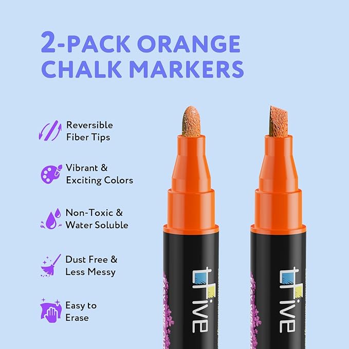 TFIVE Orange Liquid Chalk Markers - 2 Pack Bright Colors Erasable Chalk Marker Pens, Reversible Tip, Non-Toxic, for Chalkboards, Signs, Glass, Easy to use Chalk markers TF800-DeskLoop Office