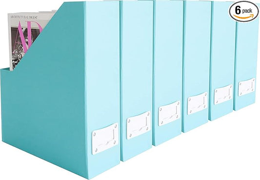 BLU MONACO Set of 6 Foldable Aqua Magazine File Holders with White Leather Label Holders – Cute Book Organizers for Desk, Classroom, Shelves, and Home Office-DeskLoop Office