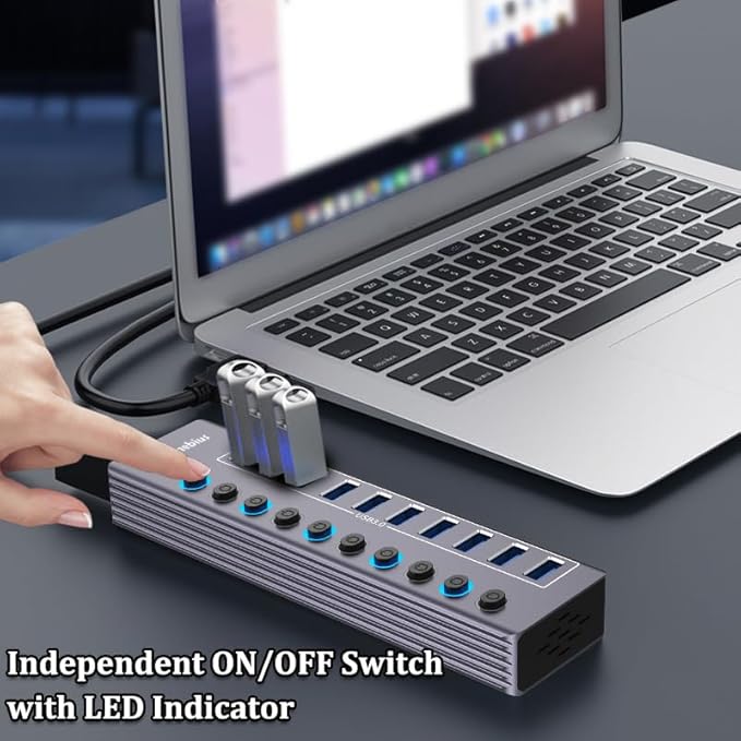 Powered 10-Port USB 3.0 Hub, USB C to 10 Ports USB Data Hub Splitter with Individual LED On/Off Switche, 3.3FT Cable, 12V/3A Power Adapter, for Laptop MacBook Pro/Air PC (Aluminum Gary)-DeskLoop Office