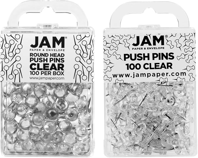 JAM PAPER Colorful Push Pins - Flat & Round Head Thumb Tack Combo Set - Clear Pushpins - 200/Pack-DeskLoop Office