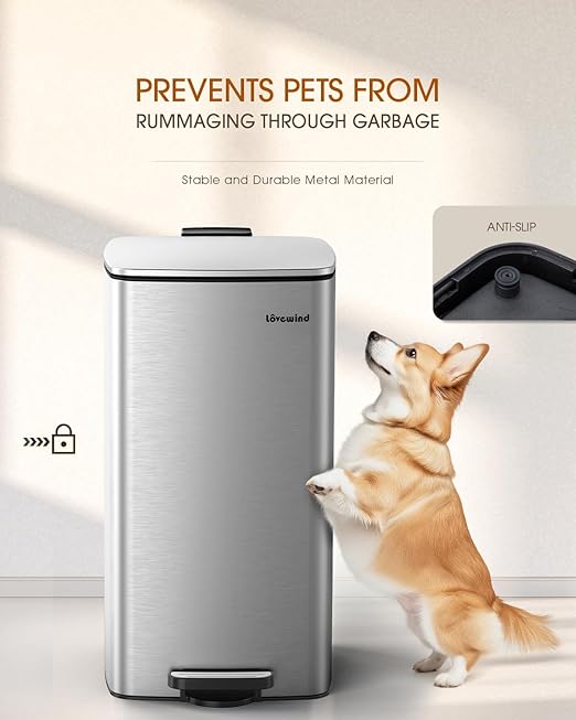 Lovewind Kitchen Trash Can with Lid, 8 Gallon/30 L Footstep Garbage Can for Kitchen Bedroom Home Office, 30 Liter Trash Bin Brushed Stainless Steel Waste Bin with Soft-Close Lid,Silver-DeskLoop Office