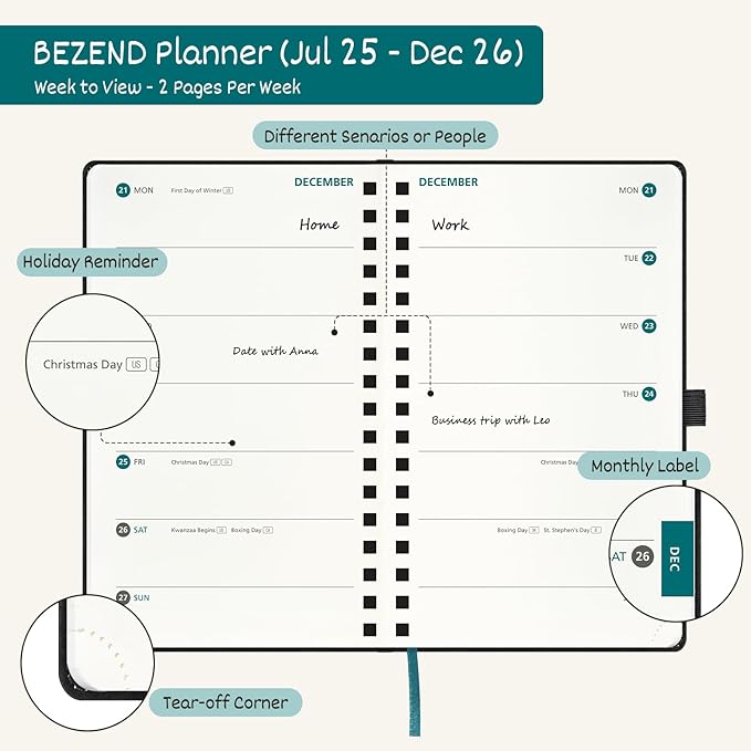 BEZEND Pocket Planner 2025-2026 Weekly with 2 Columns, 18-Month Academic Calendar (Jul 25-Dec 26), Life Work App., Storage Pocket, Pen Holder, PU Leather Softcover 3.5" x 6" Spiral - Mustard-DeskLoop Office