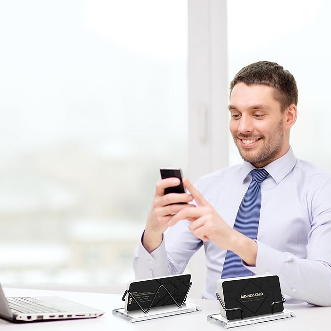 Amyhill 2 Pieces Acrylic Business Card Holder for Desk Clear Horizontal Business Card Display Stand Postcard Holder for Office Home Desktop (Black)-DeskLoop Office