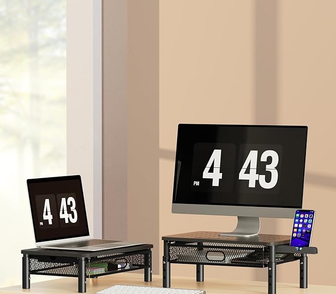 Zimilar 2 Pack Monitor Stand Riser with Metal Drawer, 3 Height Adjustable Monitor Riser with Phone Holder for Printer, Laptop, Premium Metal Computer Monitor Stand with Storage for 2 Monitors-DeskLoop Office