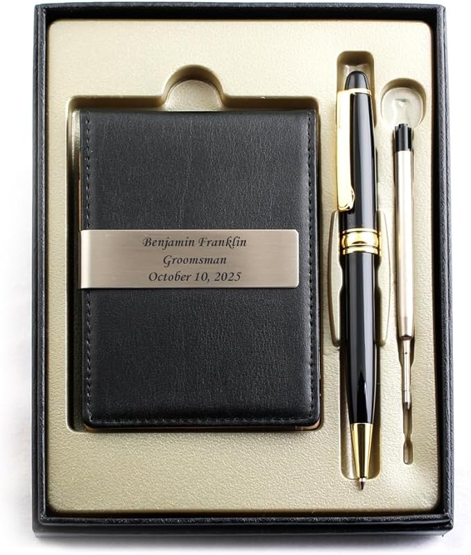 Free Engraving - Personalized Groomsmen Gift, Roller Ballpen, Ballpoint pen, Ball pen, Refillable Pen, Refill pen, Leather Money Clips, Card Holder, Three Lines Each 30 Characters-DeskLoop Office