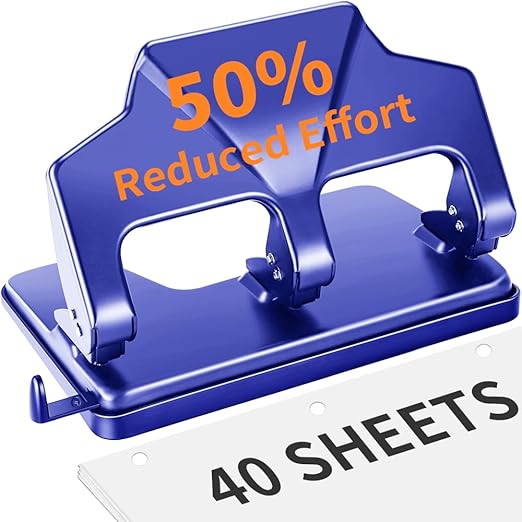 Heavy Duty 3 Hole Punch, 40-Sheet Heavy Duty Paper Punch, 50% Reduced Effort 3-Hole Punch, AFMAT Metal Hole Puncher 3 Ring, Three-Hole Paper Puncher w/Large Chip Tray for Classroom, Office, Blue-DeskLoop Office