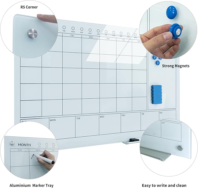 Magnetic Glass Whiteboard 36X24 Monthly Planner Calendar Dry Erase Board for Home, School, Office, Frameless, with Markers, Marker Tray, Eraser, Magnets (White)-DeskLoop Office