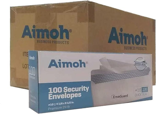 Aimoh #10 Security Tinted Self-Seal Envelopes - No Window - EnveGuard, Size 4-1/8 X 9-1/2 Inches - White - 24 LB - 1 Case - 24 Packs - 2,400 Envelopes (34100-CS)-DeskLoop Office