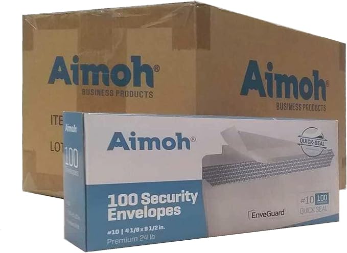 Aimoh #10 Security Tinted Self-Seal Envelopes - No Window - EnveGuard, Size 4-1/8 X 9-1/2 Inches - White - 24 LB - 1 Case - 12 Packs - 1,200 Envelopes (34100-CS)-DeskLoop Office