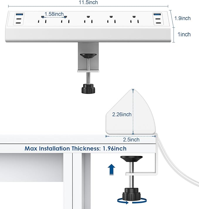 Jgstkcity Desk Clamp Power Strip USB C,40W Total Fast Charging Station,4 PD 20W USB C Ports,Desk Edge Mount Surge Protector,5 Outlets,Fit 1.96" Tabletop Edge,ETL Listed,White-DeskLoop Office