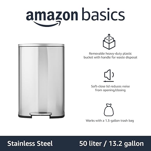 Amazon Basics Smudge Resistant Rectangular Trash Can With Soft-Close Foot Pedal, Brushed Stainless Steel, 50 Liter/13.2 Gallon, Satin Nickel Finish, 16.7"L x 14.7"W x 25.9"H-DeskLoop Office