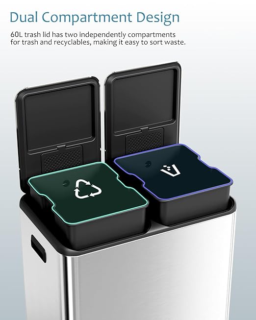 16 Gal (2 x 30 L) Dual Trash Can, Stainless Steel Kitchen Garbage Bin, Recycle Dustbin with Odor Control Box, Soft-Close Lid, Inner Buckets, Side Handle, Step Pedal, for Home Office-DeskLoop Office