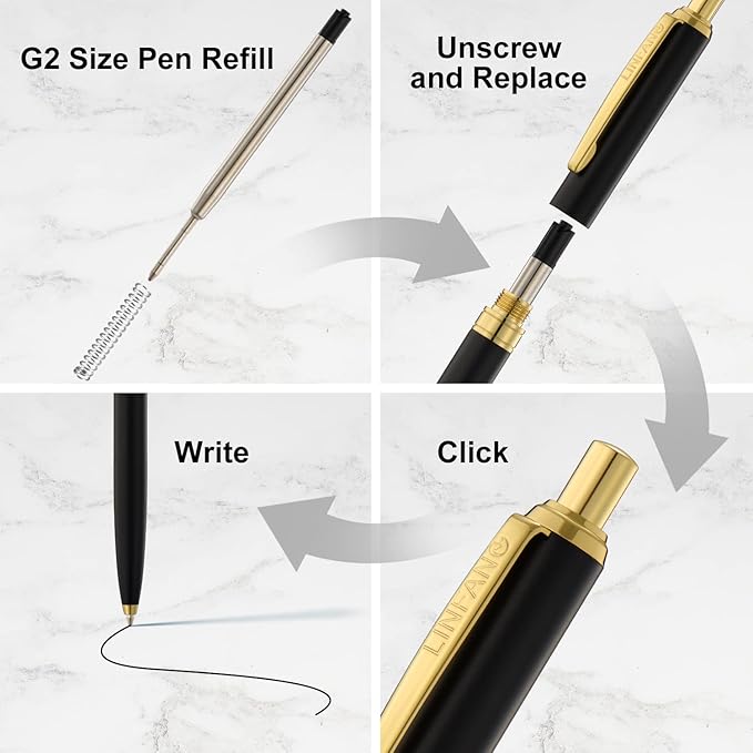 LINFANC 8 Pack Ballpoint Pens, Premium Retractable Metal Ballpoint Pen, Medium Point 1.0mm Black Ink Pen for Home School Work Office Supplies, Matte Black with Gold Trim, Extra 8 Refills-DeskLoop Office