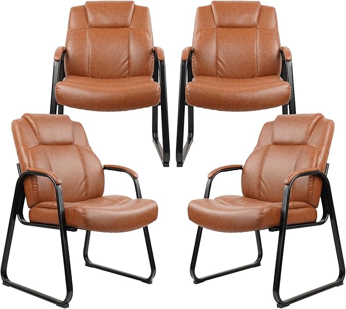 CLATINA Big & Tall 500 lb. Guest Chair, PU Leather Office Reception Chairs with Sled Base, Desk Chair No Wheels for Waiting Room Conference Lobby Computer Living Room, Brown, 4 Pack-DeskLoop Office