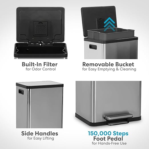 SIMPLI-MAGIC 50 Liter / 13.2 Gallon Soft-Close, Smudge Resistant Trash Can with Foot Pedal and Built in Filter- Stainless Steel, Sleek Finish-DeskLoop Office