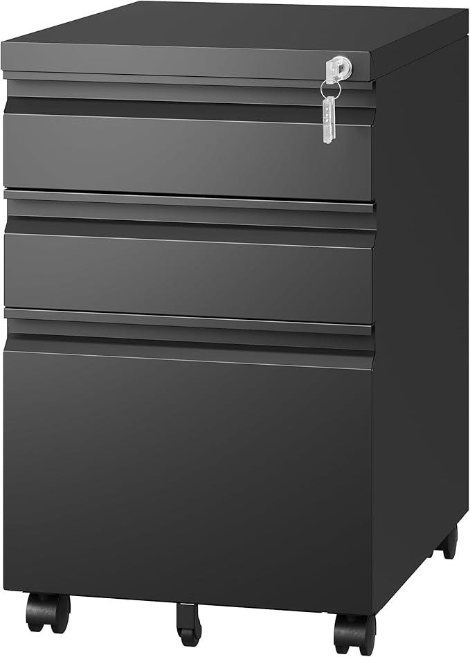 Letaya 3 Drawer Mobile File Cabinet with Lock,Under Desk Metal Filing Cabinets for Home Office Organizer Letters/Legal/A4((Fully Assembled-Black)-DeskLoop Office