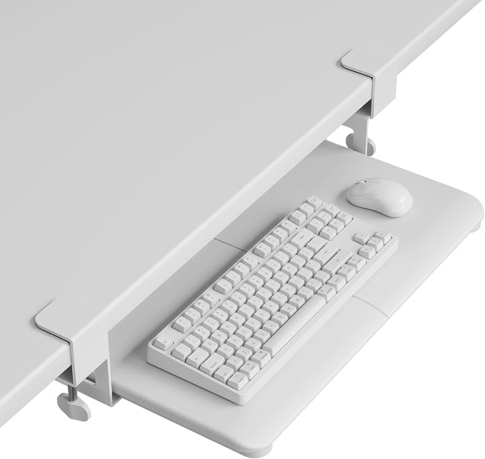 BONTEC KMT01-PJ Under Desk Keyboard Tray, Pull-Out Keyboard & Mouse Platform with C-Clamp, 20 x 11.8 in Space-Saving Ergonomic Slide-Out Drawer, White-DeskLoop Office
