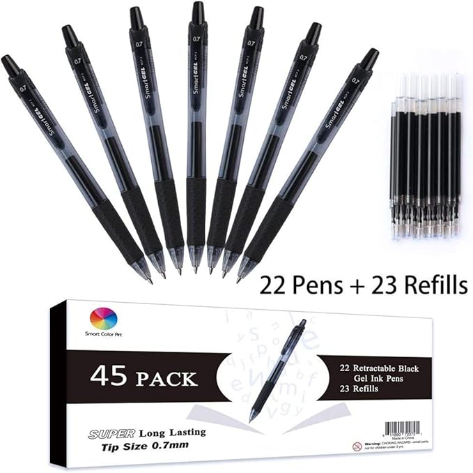 Smart Color Art 45 Pack Black Gel Pens, Retractable Medium Point Gel Ink Pens, Smooth Writing, Comfort Grip, Unisex-DeskLoop Office