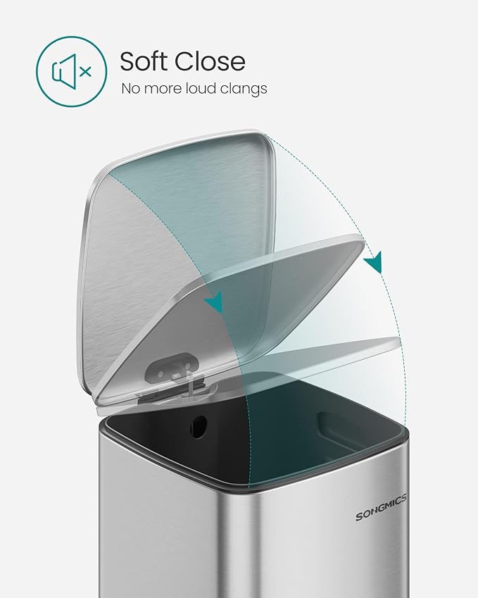 SONGMICS Kitchen Trash Can, 8-Gallon (30 L) Trash Bin, Stainless Steel Garbage Can, with Inner Bucket, Soft Close and Stays Open, Metallic Silver ULTB593E01-DeskLoop Office