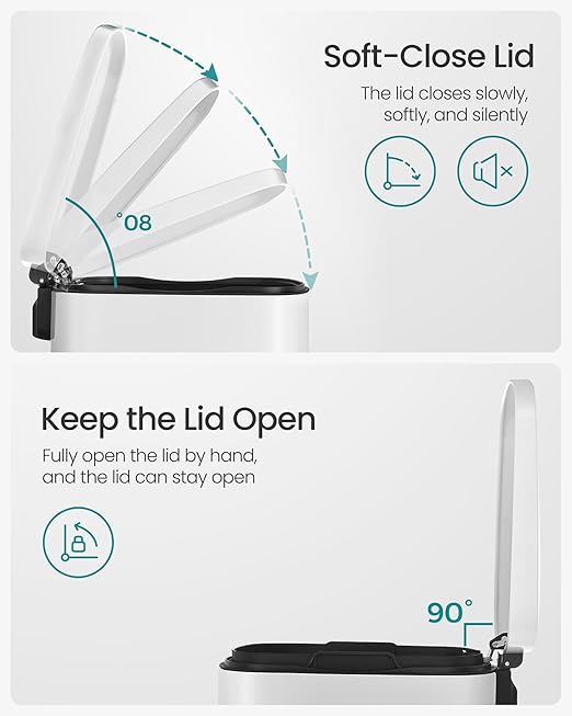 SONGMICS 13 Gallon (50 L) Trash Can, Stainless Steel Kitchen Garbage Can, Recycling or Waste Bin, Soft Close, Step-On Pedal, Removable Inner Bucket, White ULTB050W01-DeskLoop Office