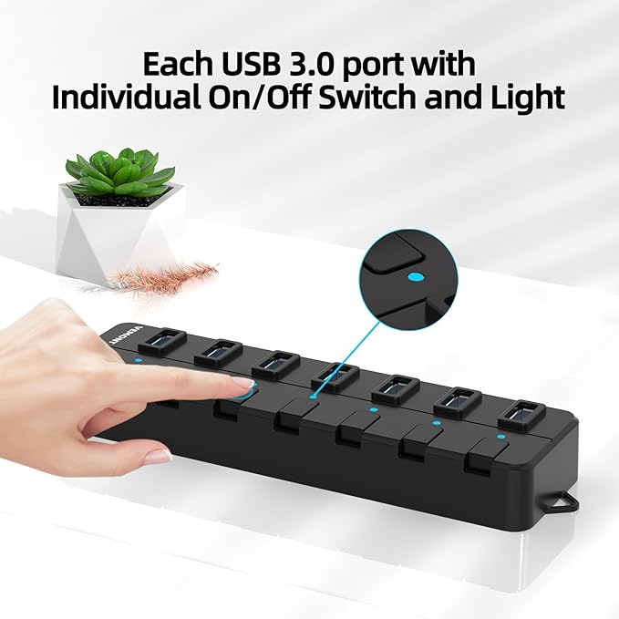 USB hub,7 Port USB 3.0 Hub,VEMONT USB Splitter with Individual On/Off Switches and Lights, 4ft/1.2m USB HUB Long Cable, USB Extension for Laptop and PC Computer-DeskLoop Office