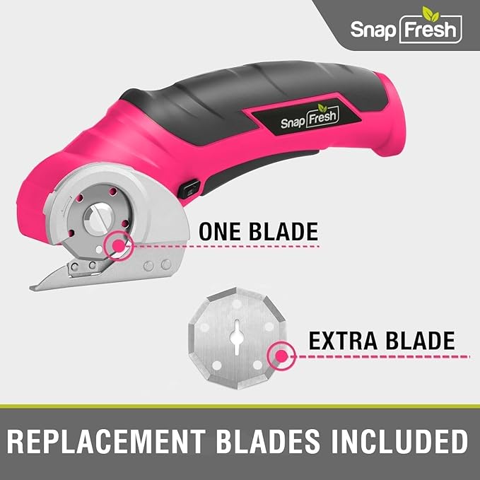SnapFresh Cordless Electric Scissors- 4V Mini Cardboard Cutter for Boxes, Carpet, Paper – Rotary Cutter for DIY Projects, Safety Box Cutter with Battery & Type-C Cable(Hot Pink)-DeskLoop Office