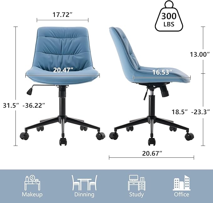 Kidol & Shellder Faux Leather Office Chair, Adjustable Swivel Height Task Chair, Rolling Wheels & Soft Backrest - Armless Ergonomic Desk Chair for Home, Office,Vanity,Gaming(Blue)-DeskLoop Office