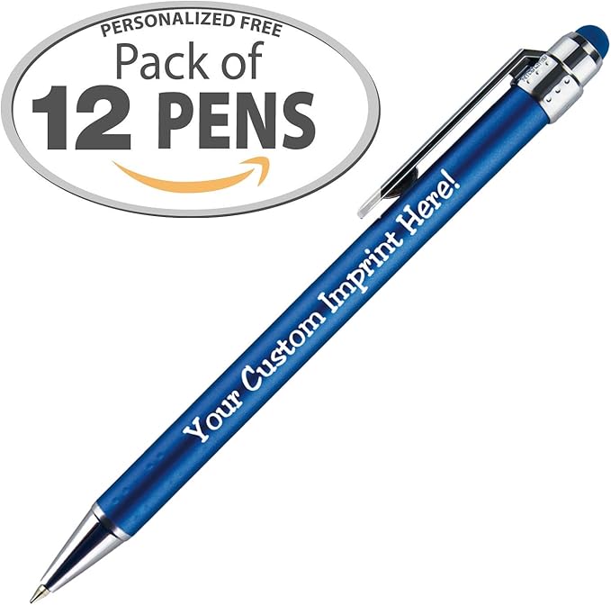 Personalized Pens with Stylus Tip -Bright Vibes- Click action - Custom - Black writing - Printed Name pens - Imprinted with Your Logo or Message - FREE PERSONALIZATION - 12 Pens/Box (Blue)-DeskLoop Office