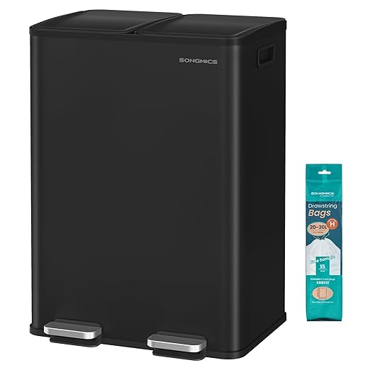 SONGMICS Trash Can, 2 x 8 Gallon (2 x 30 L) Dual-Compartment Garbage Can with Soft-Close Lid, Pedal and Inner Buckets, Stainless Steel, Includes 15 Liner Bags, Ink Black ULTB741B01-DeskLoop Office