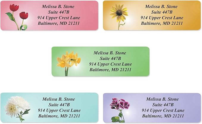 Garden Blossoms Designer Assorted Rolled Address Labels with Elegant Plastic Dispenser-DeskLoop Office
