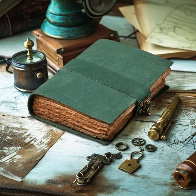 LEATHER VILLAGE Leather Bound Vintage Journal for Women & Men - Book of Shadows - Lock Closure - 200 Pages of Antique Deckle Edges Handmade Paper - Turquoise Color - 10 X 7 inches