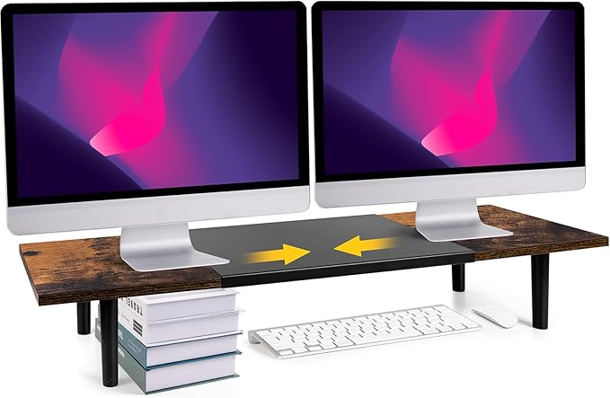 Dual-Monitor-Stand-Riser-For-Desk Adjustable Length 32-40 Inch, Large Desktop Computer Monitor Riser For 2 Screens, Desk Shelf Organizer Riser Stand For Computer/Laptop/PC/Printer/TV Brown-DeskLoop Office