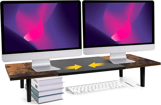 Dual-Monitor-Stand-Riser-For-Desk Adjustable Length 32-40 Inch, Large Desktop Computer Monitor Riser For 2 Screens, Desk Shelf Organizer Riser Stand For Computer/Laptop/PC/Printer/TV Brown-DeskLoop Office