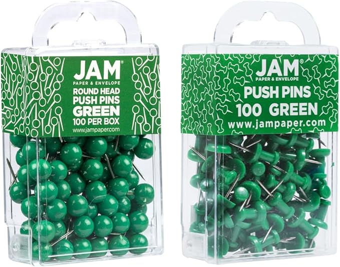 JAM PAPER Colorful Push Pins - Flat & Round Head Thumb Tack Combo Set - Green Pushpins - 200/Pack-DeskLoop Office