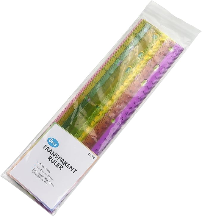 ZZTX 6 Pack Color Transparent Ruler Plastic Rulers 12 Inch, Metric Bulk Rulers with Inches and Centimeters, Kids Ruler for School, Home, Office-DeskLoop Office