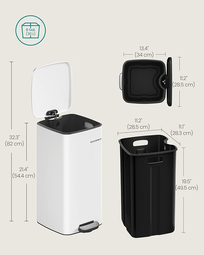 SONGMICS Kitchen Trash Can, 8-Gallon (30 L) Trash Bin, Stainless Steel Garbage Can, with Inner Bucket, Soft Close and Stays Open, Cloud White ULTB593W01-DeskLoop Office