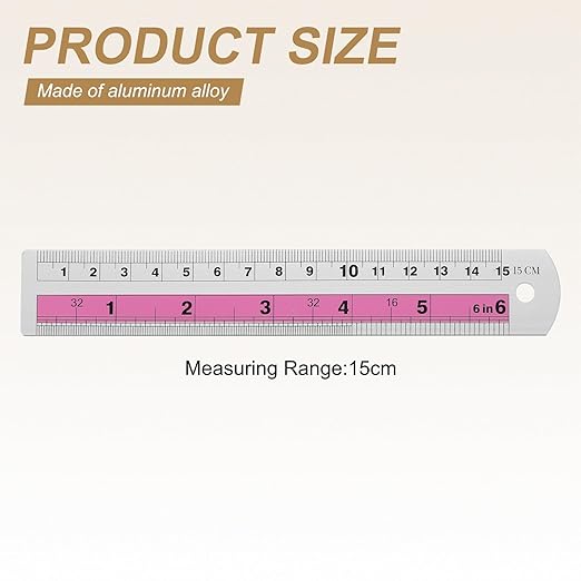 HARFINGTON 2pcs Metal Straight Ruler 15cm Metric SAE Aluminum Alloy Measuring Rulers Scale Tools with Hole for Measure Study Reading Classroom Office, Pink-DeskLoop Office