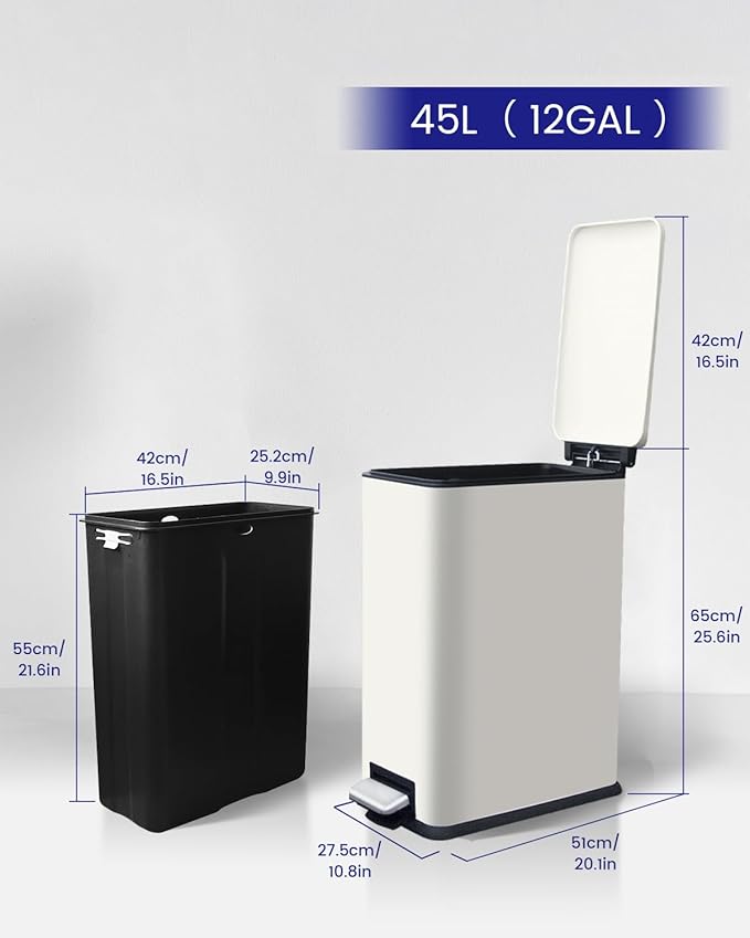 Kitchen Rubbish Bin, 45 Litre Waste Bin, Large Pedal Bin, Kitchen Rubbish Bin with Softclose Lid and Inner Bin, Slim Pedal Bin for Kitchen, Bathroom and Office, White-DeskLoop Office