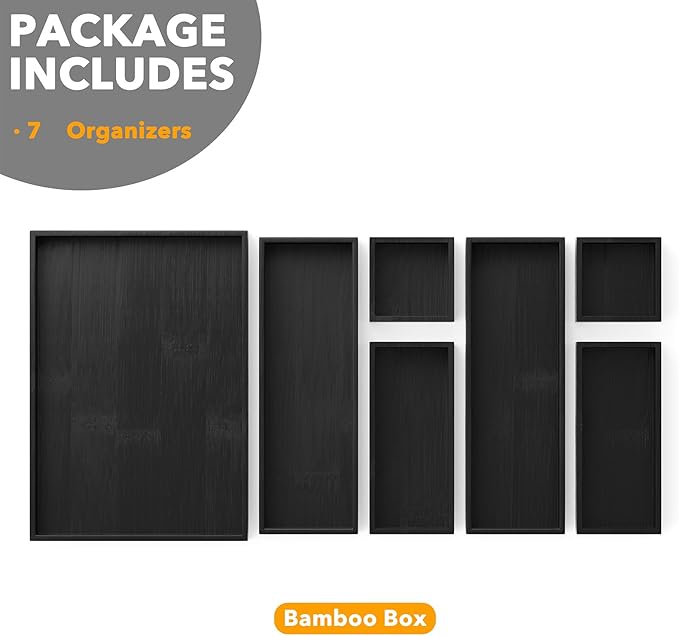 SpaceAid 7-Piece Bamboo Drawer Organizer Storage Boxes Set, Wood Tray Junk Drawer Organizers Multi-Use Divider Bins for Kitchen, Bathroom, Office Desk and Makeup Organization (7 Pack, Black)-DeskLoop Office