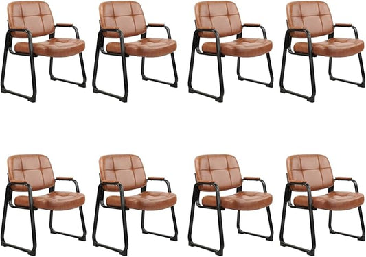 CLATINA Big & Tall 500 lbs Waiting Room Chairs with Padded Armrests and Sled Base, Leather Stationary No Wheels Office Guest Chair for Reception Lobby Home and Meeting Conference, Brown (8 Pack)-DeskLoop Office
