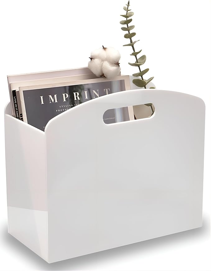 White Magazine Holder - Acrylic Magazine Rack Floor, Newspaper Stand with handles, Modern Lucite Magazine and Book Basket Box for Bathroom, Bedroom, Living Room-DeskLoop Office