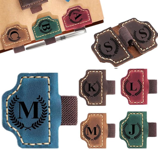 Custom Bookmark with Pen Holder with 26 Letters Personalized Magnetic Leather Book Mark, Customized Name Book Marker Clip with Initial for Men Women, Gifts for Book Lovers, Readers, (Blue, M)-DeskLoop Office